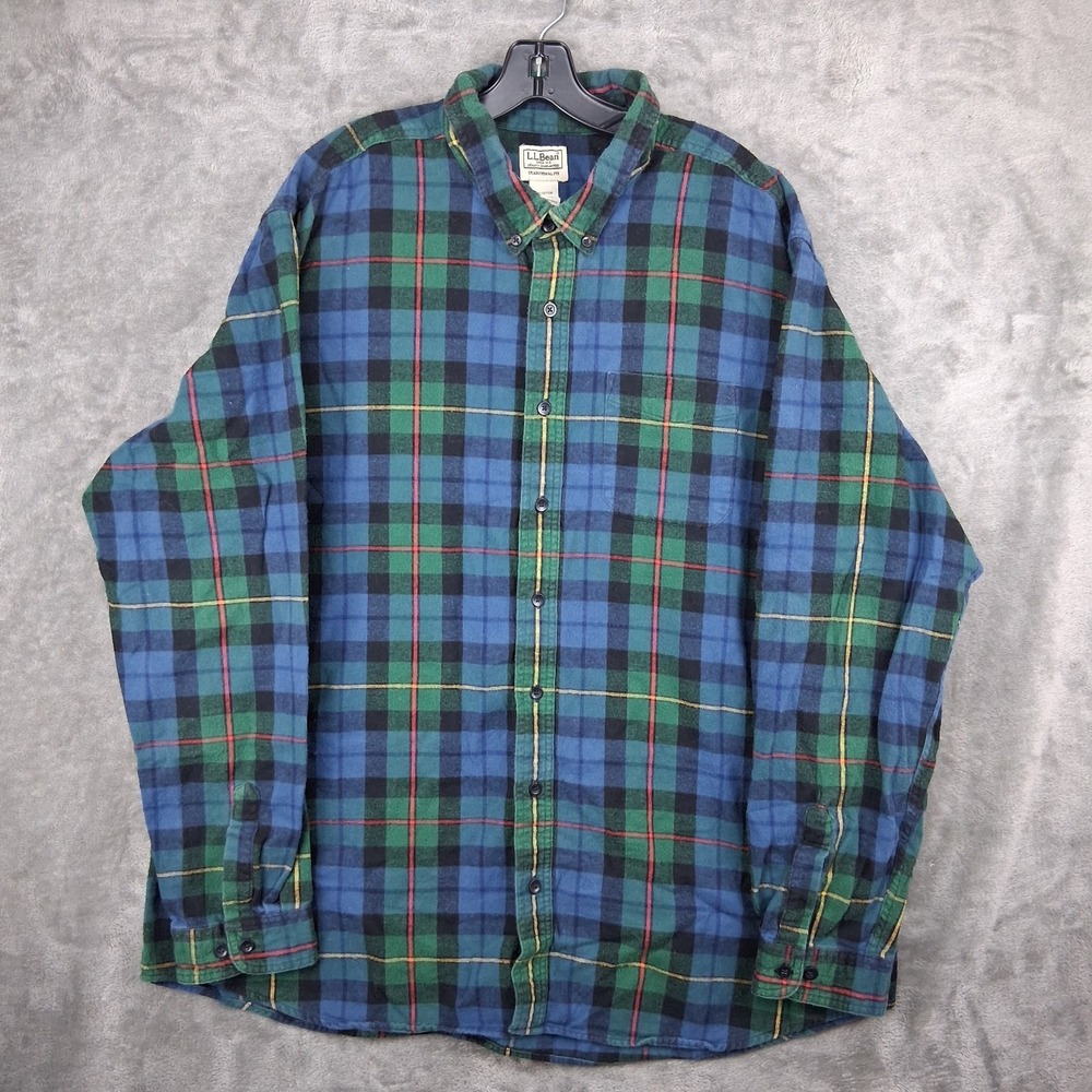 LL Bean Flannel Shirt Mens 2XLT Green Blue Plaid Traditional Fit Workwear